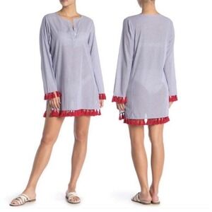 TORY BURCH Coverup Womens L Lucia Narrow Striped Red Tassel Cotton Beach Tunic